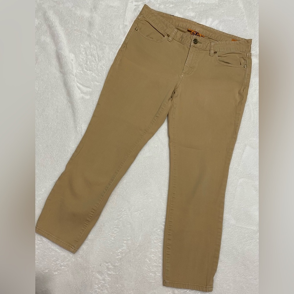 Tory Burch Khaki Cropped Skinny Pants Tan Mid-Rise Stretch Pants Size 30 - Picture 4 of 13